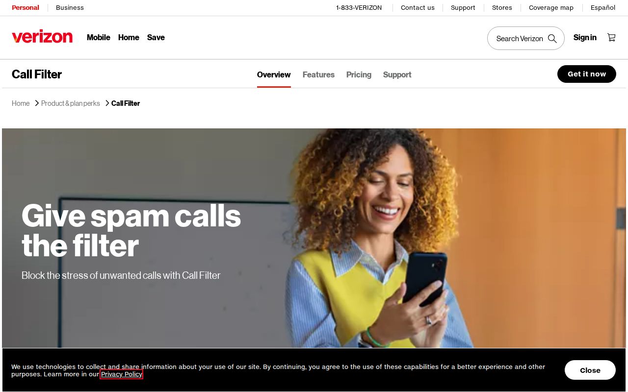 Verizon Call Filter page showing spam labels applied to Louisiana phone codes