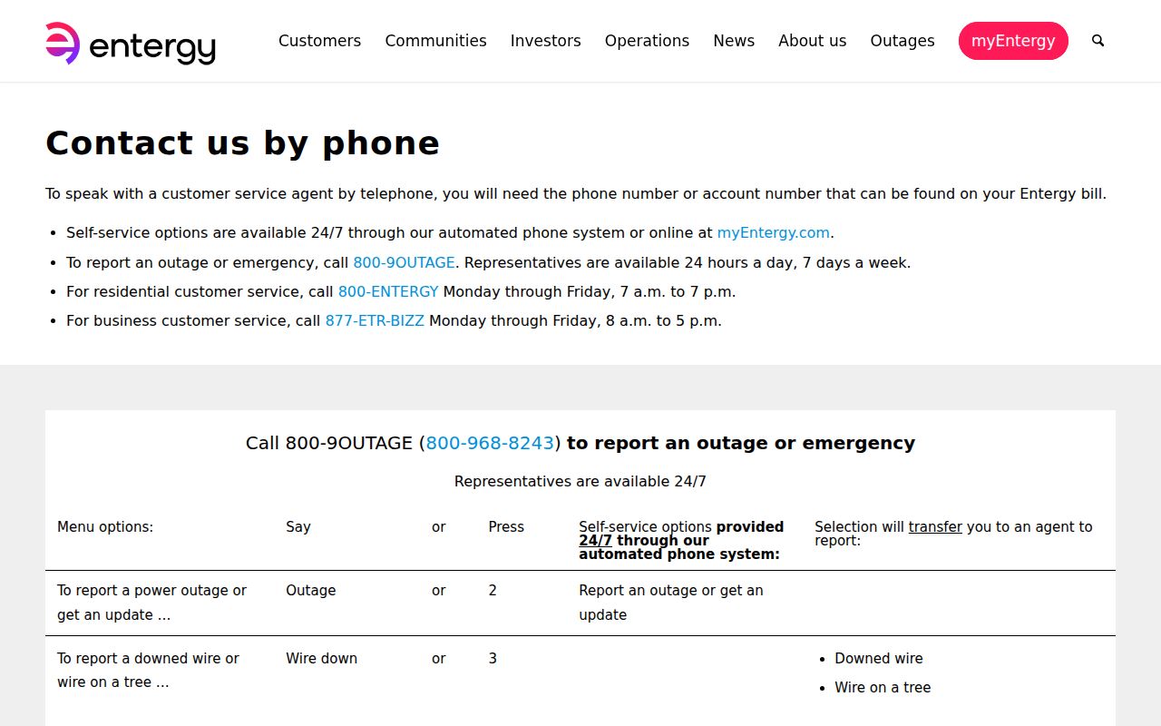 Entergy contact page separating outage and customer service phone numbers for Louisiana