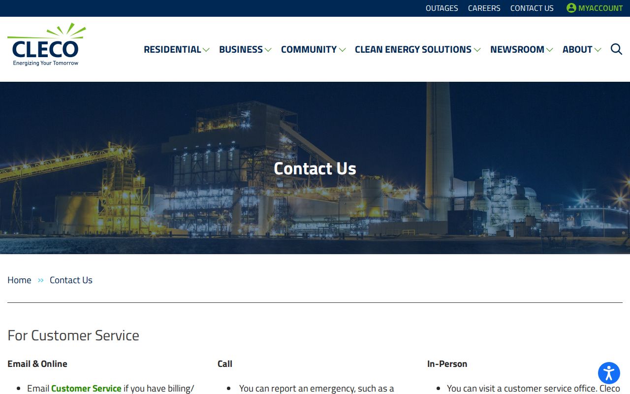 Cleco contact page separating emergency and customer service phone numbers in Louisiana