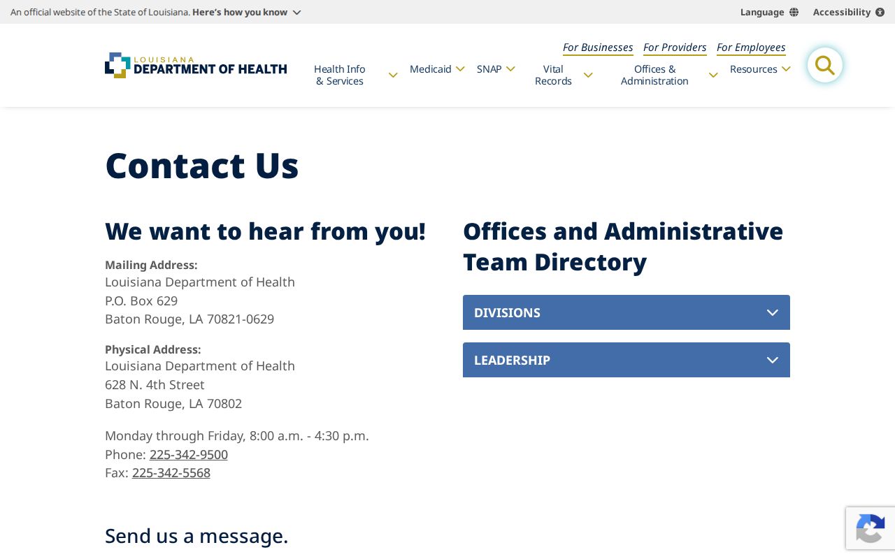 Louisiana Department of Health contact page listing health phone numbers for Louisiana