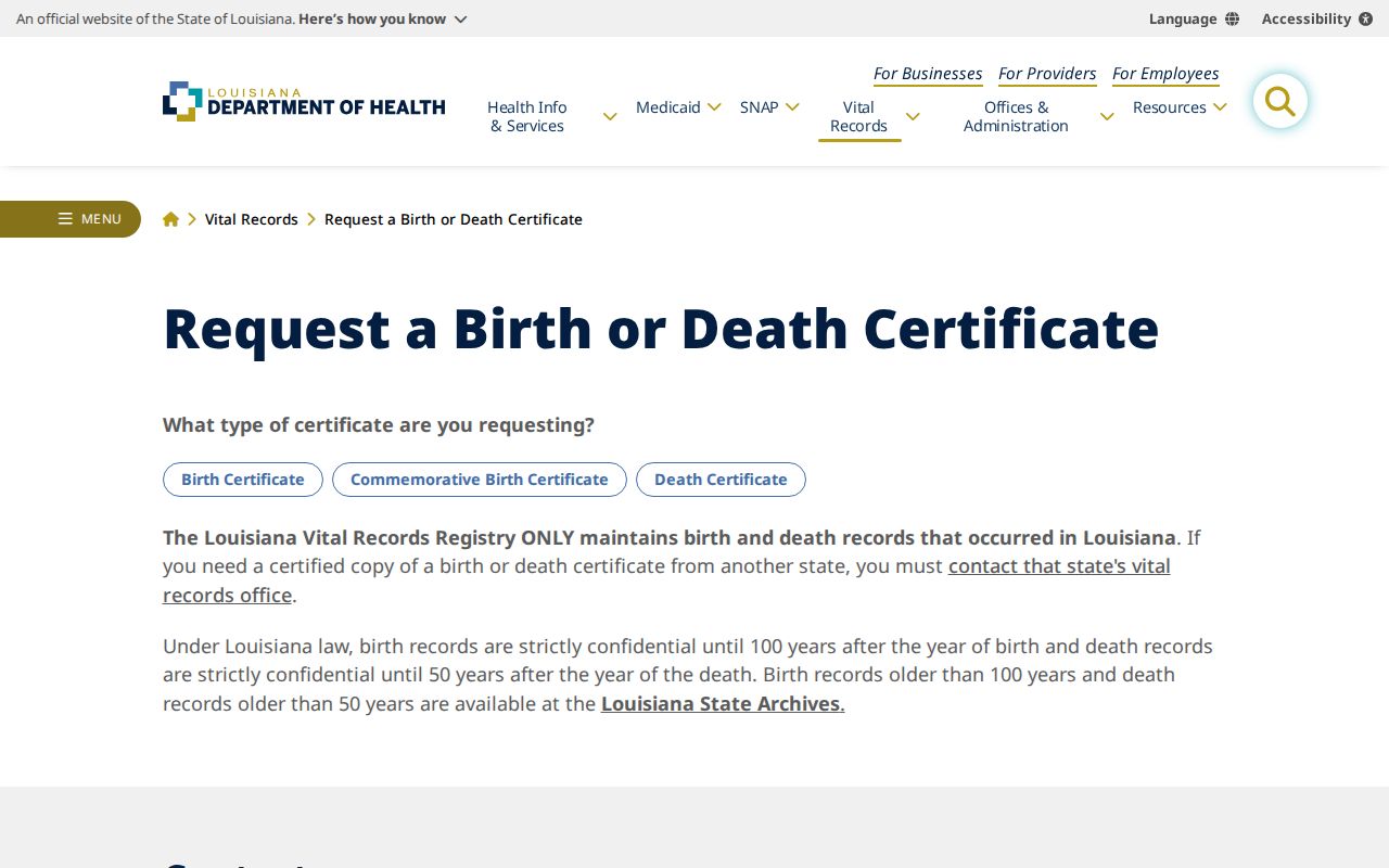 Louisiana vital records request page explaining who may obtain records and which phone numbers apply