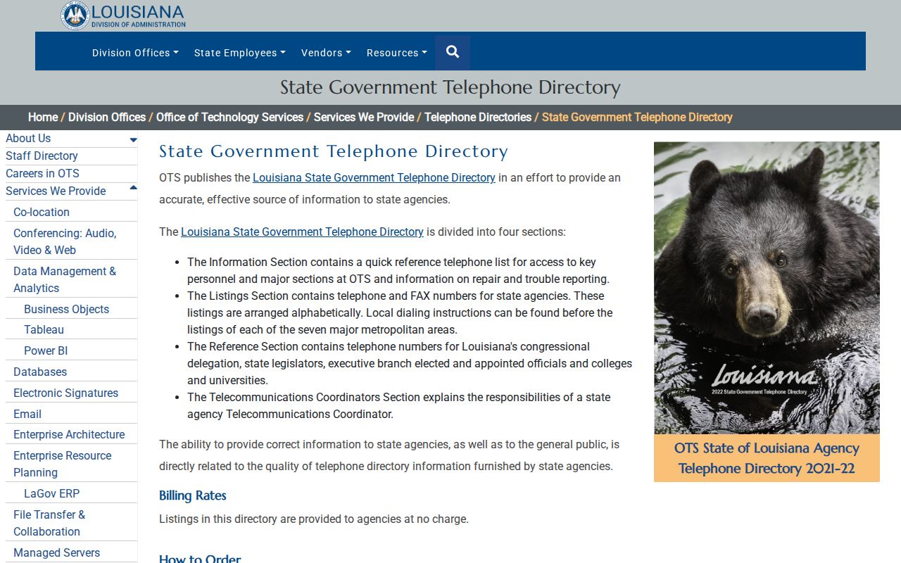 Louisiana State Government Telephone Directory page in the Louisiana phone directory
