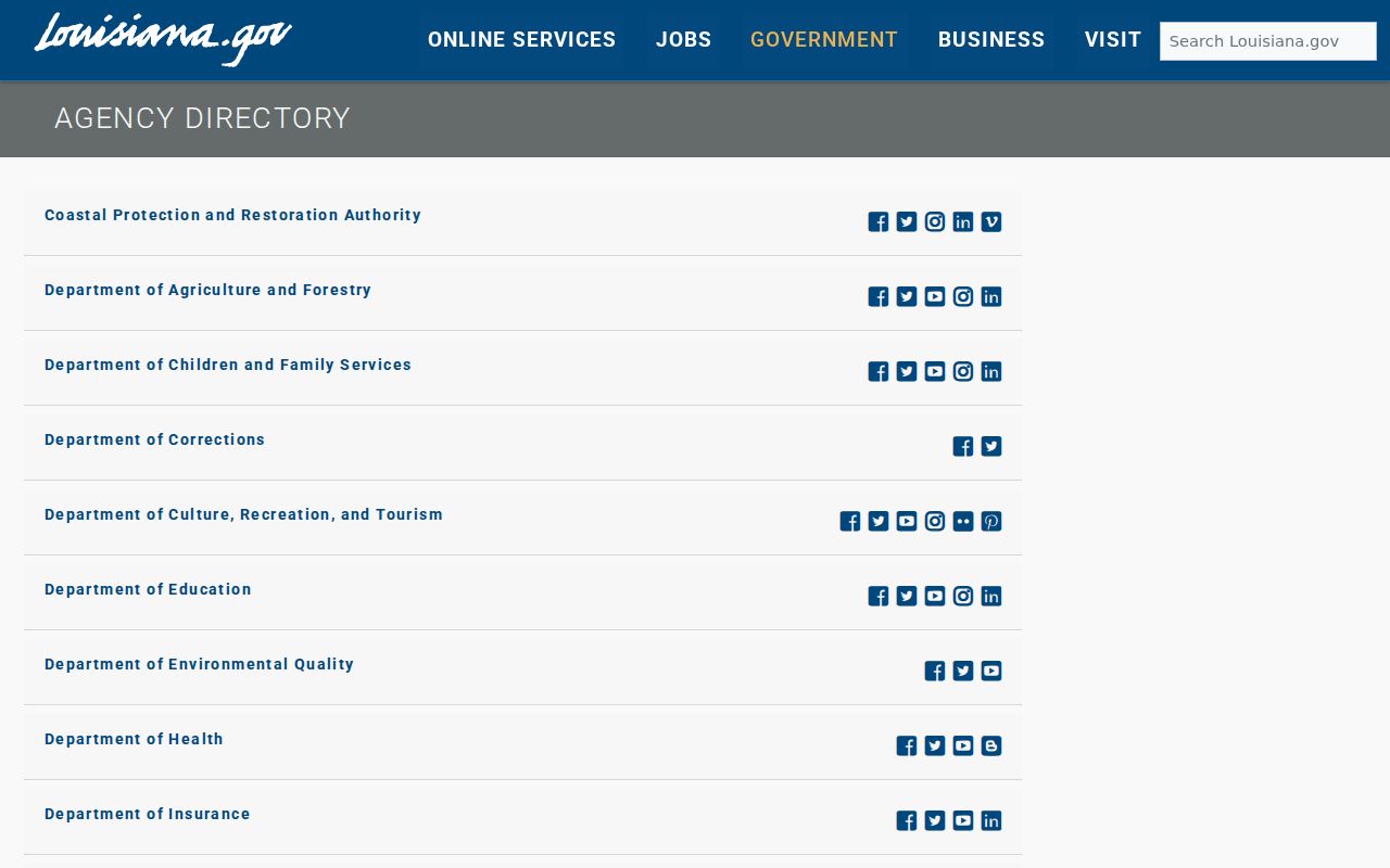 Louisiana.gov agency directory cards showing state office phone numbers in Louisiana