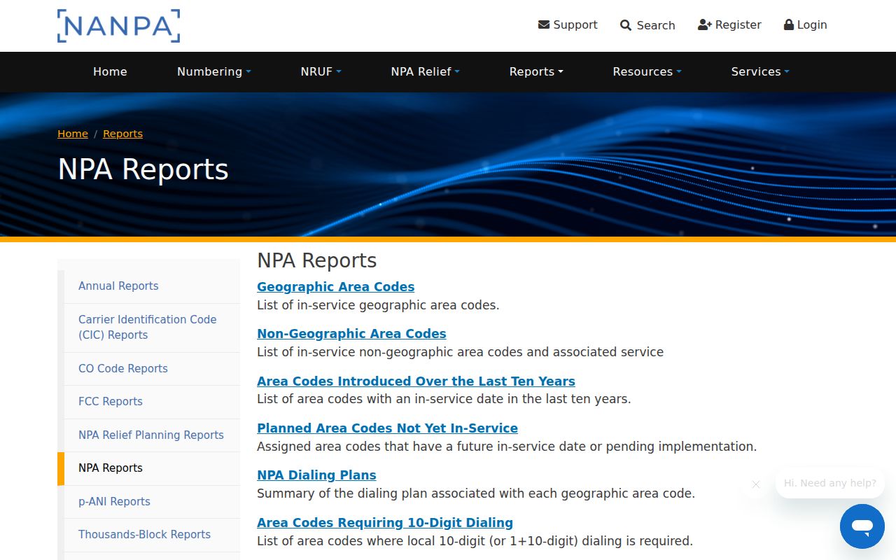 NANPA NPA reports page listing Louisiana area code and dialing plan records