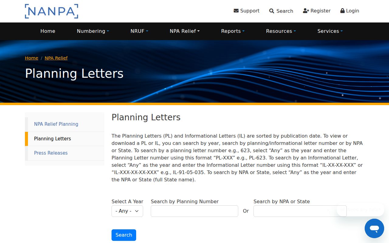 NANPA planning letters page for verifying Louisiana area code relief plans