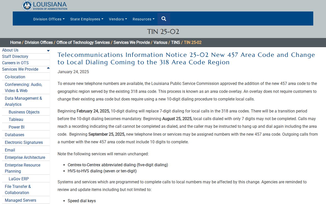Louisiana Office of Technology Services notice about the 318 area code dialing change