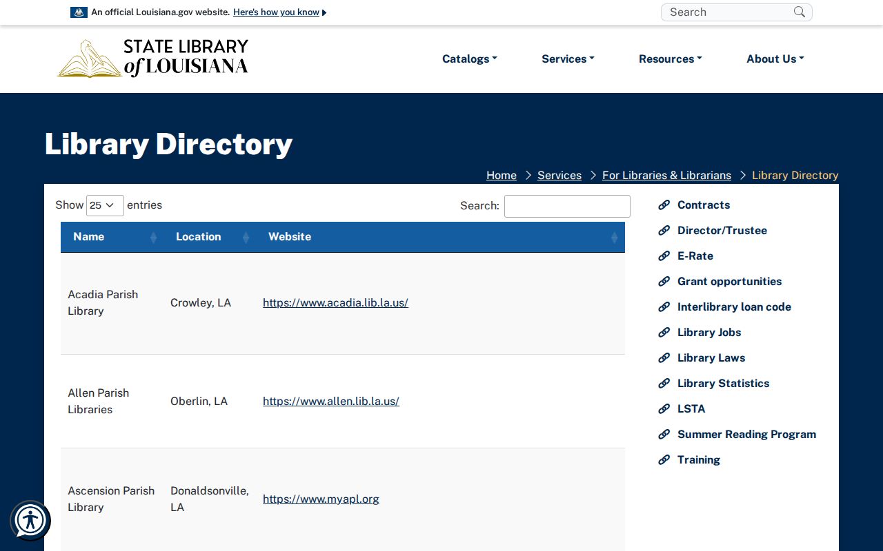 State Library of Louisiana directory page listing library phone numbers across Louisiana