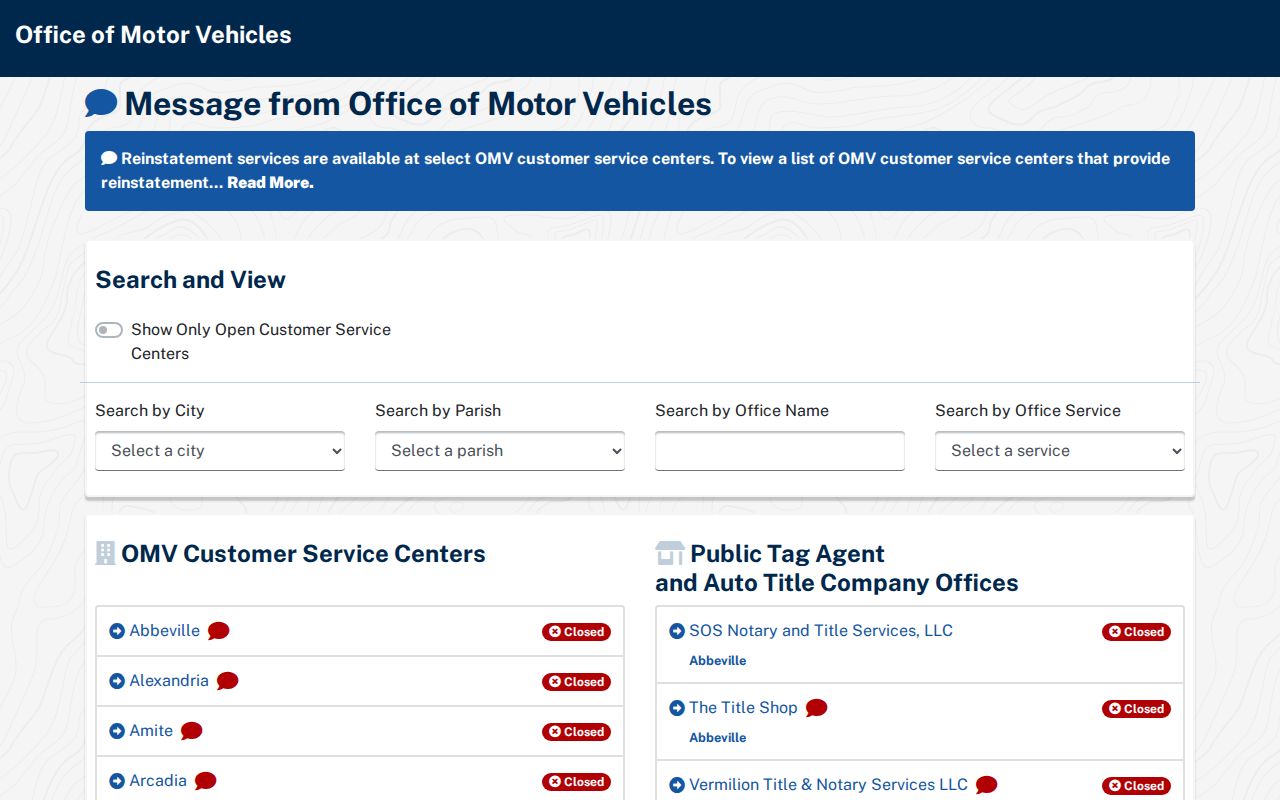 Louisiana OMV office list portal showing local office phone numbers across Louisiana