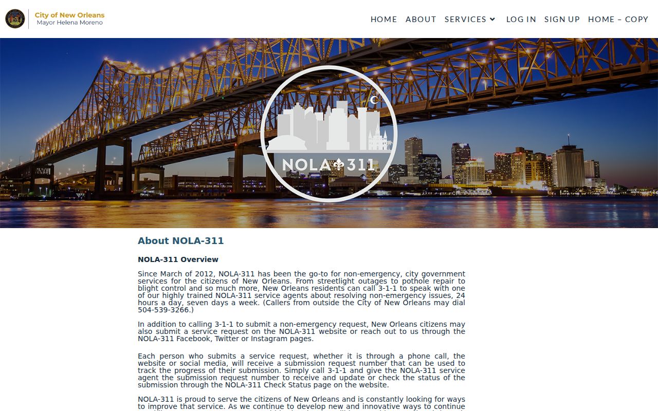 NOLA 311 page explaining the Louisiana phone code for non-emergency city services