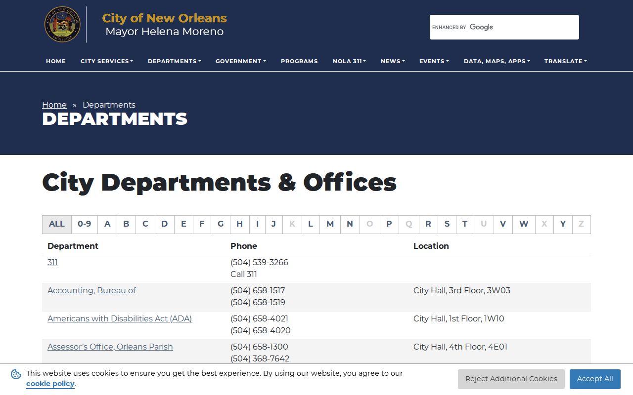 New Orleans department directory showing municipal phone numbers in the Louisiana phone directory