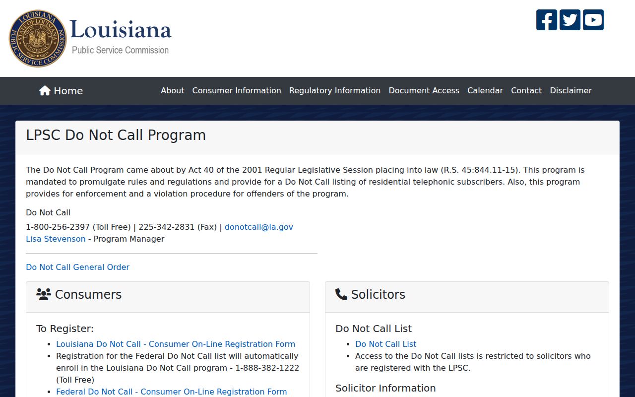 Louisiana Public Service Commission Do Not Call page for reporting unwanted phone numbers