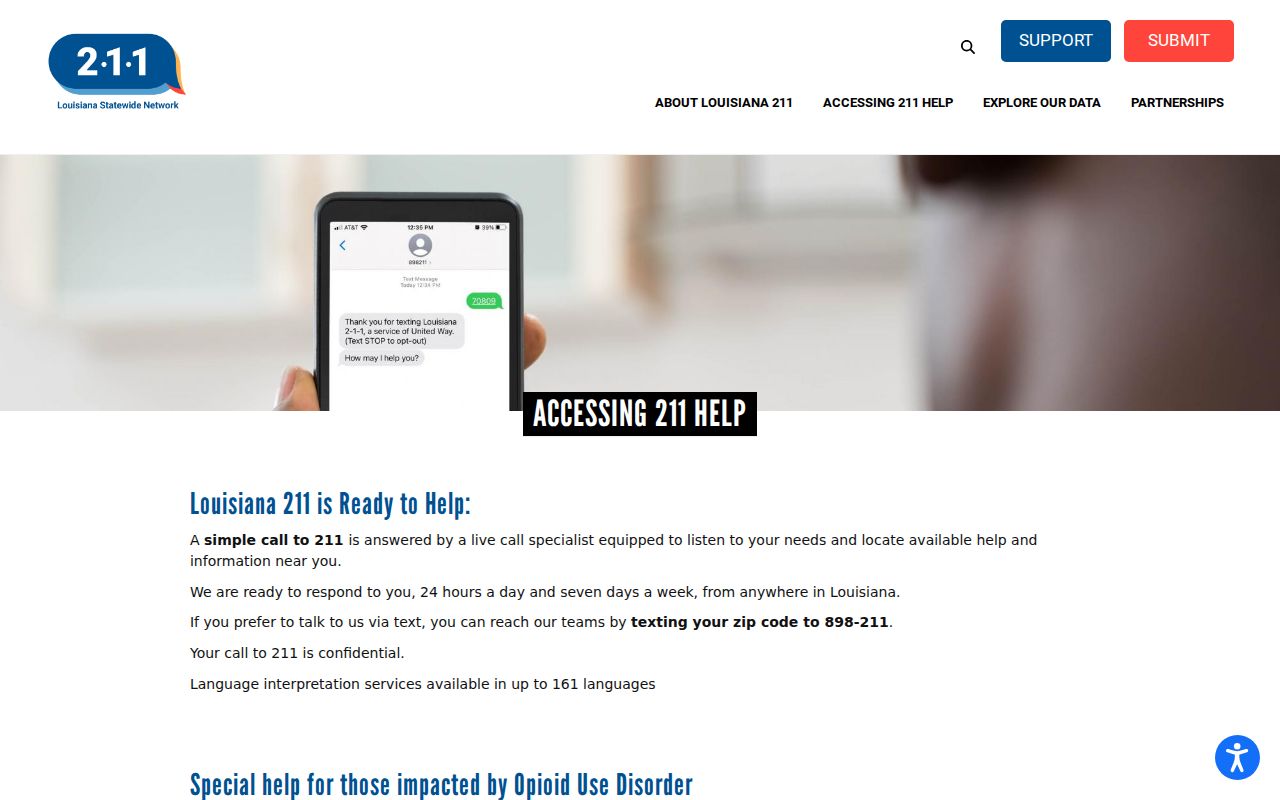 Louisiana 211 access page listing community help phone numbers for Louisiana residents