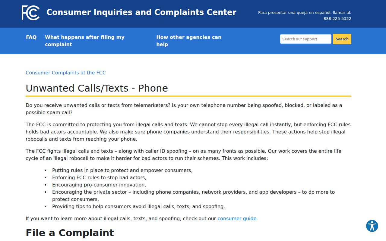 FCC unwanted calls page for reporting spoofed Louisiana phone codes