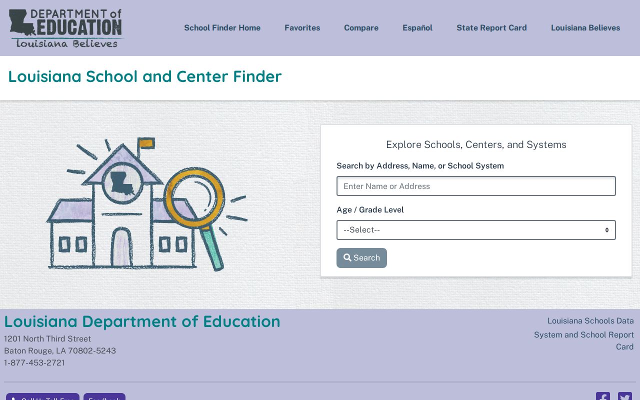 Louisiana School Finder portal used to look up school phone numbers in Louisiana
