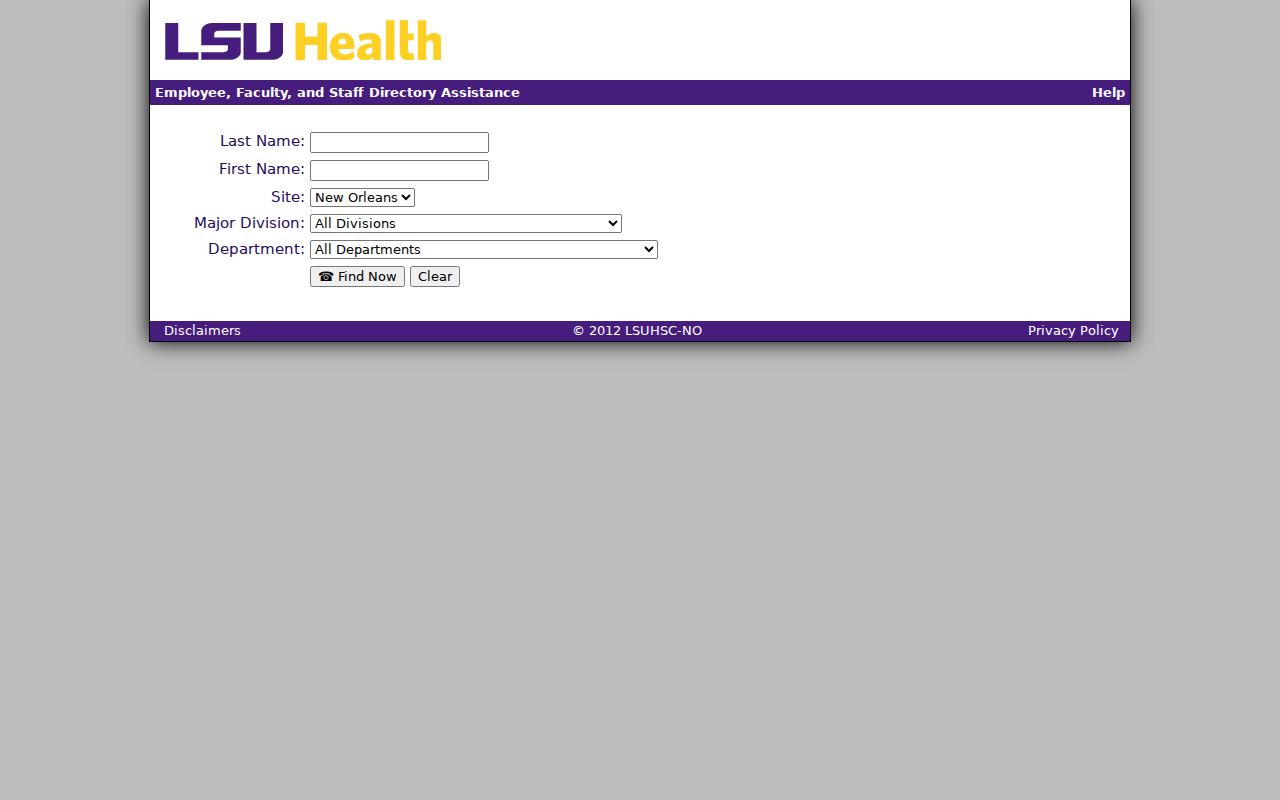 LSU Health Sciences Center directory search form for Louisiana campus phone numbers