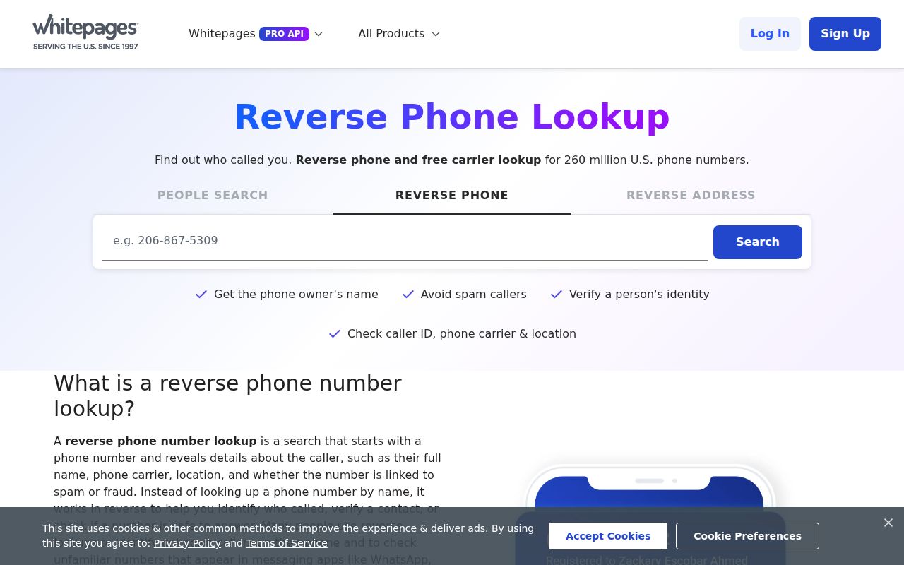 Whitepages reverse phone lookup page used on unknown Louisiana phone numbers